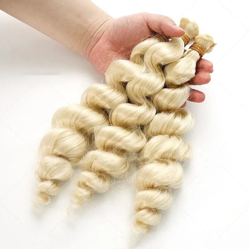 Golden straight synthetic hair weft wig for women shown in three length options.