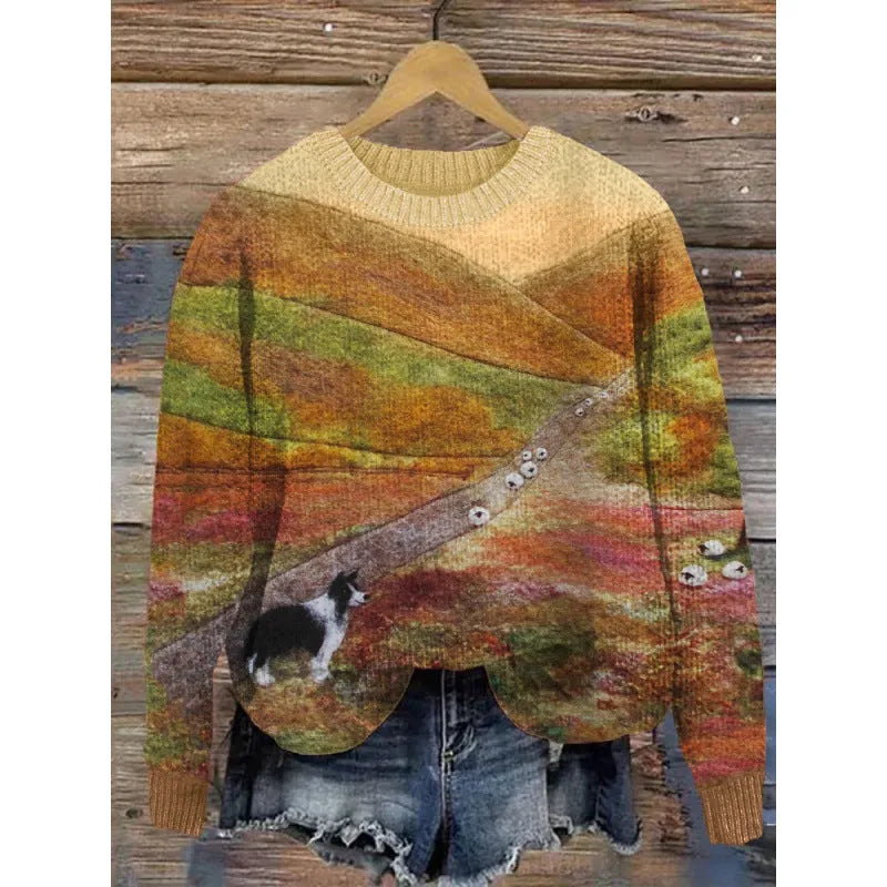 Little Flower digital printed round neck sweater in polyester, shown on a hanger.