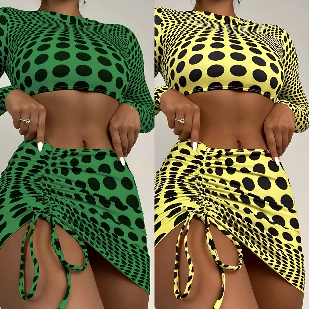 Green and yellow polka dot women's swimsuit three-piece set with top, skirt, and bra.