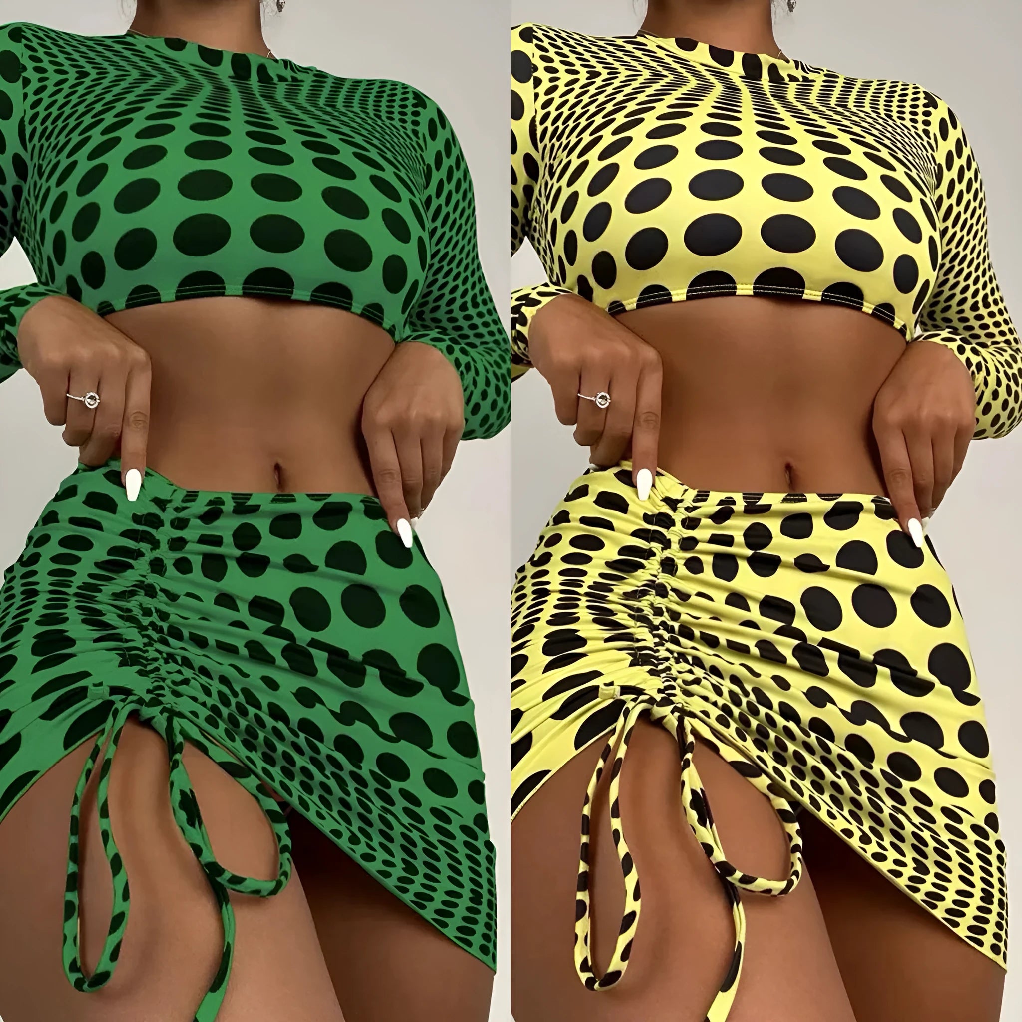 Green and yellow polka dot women's swimsuit three-piece set with top, skirt, and bra.