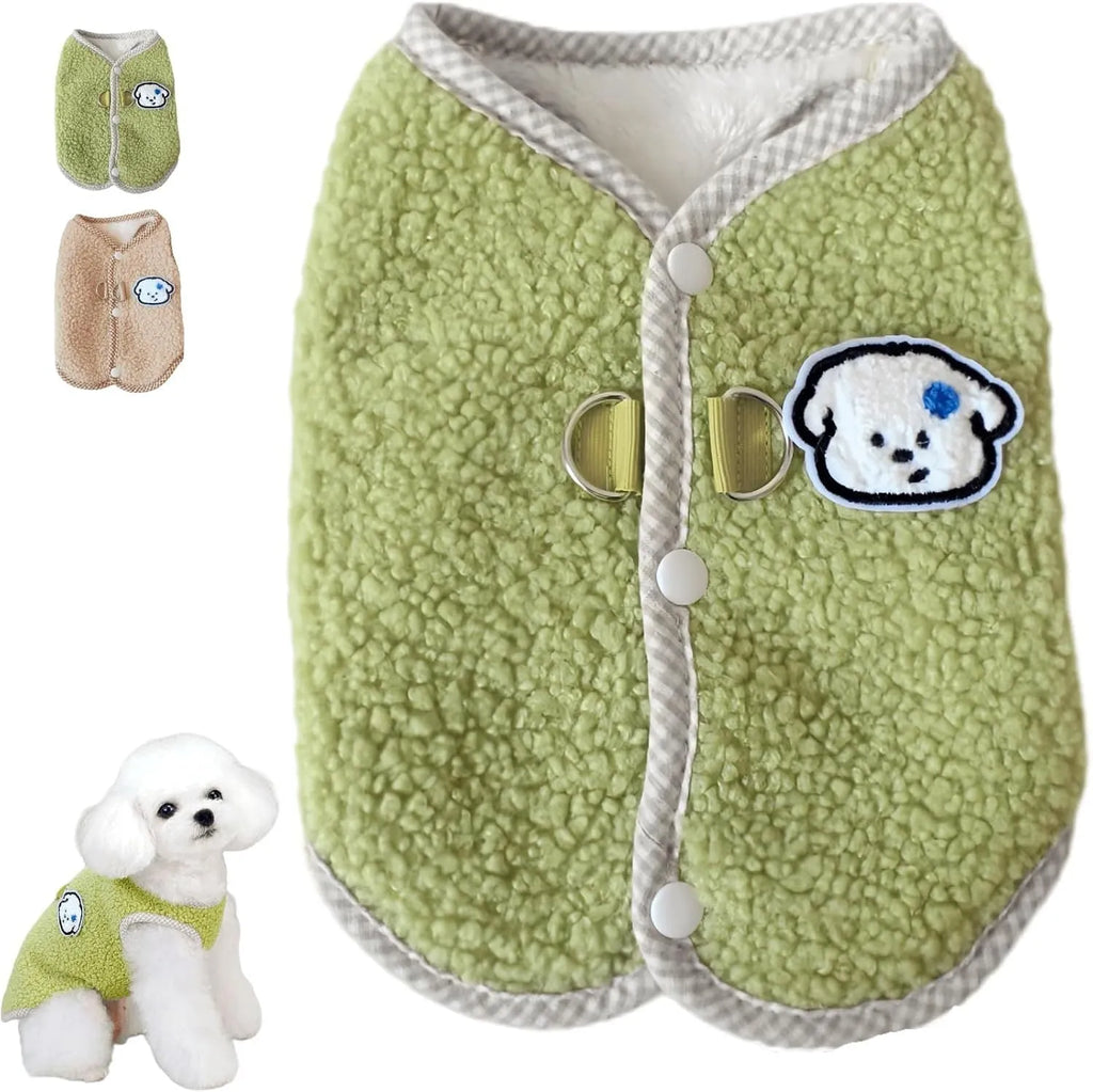 Green coral fleece dog vest with leash ring for small dogs