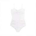 Women's black suspender-style one-piece swimsuit with high waist and push-up support