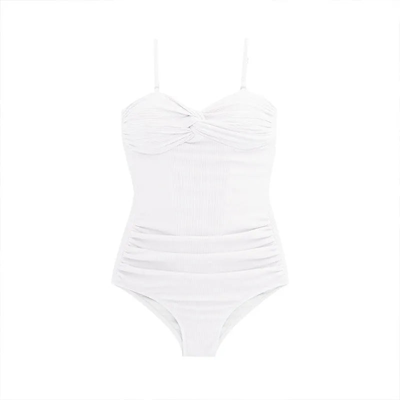 Women's black suspender-style one-piece swimsuit with high waist and push-up support