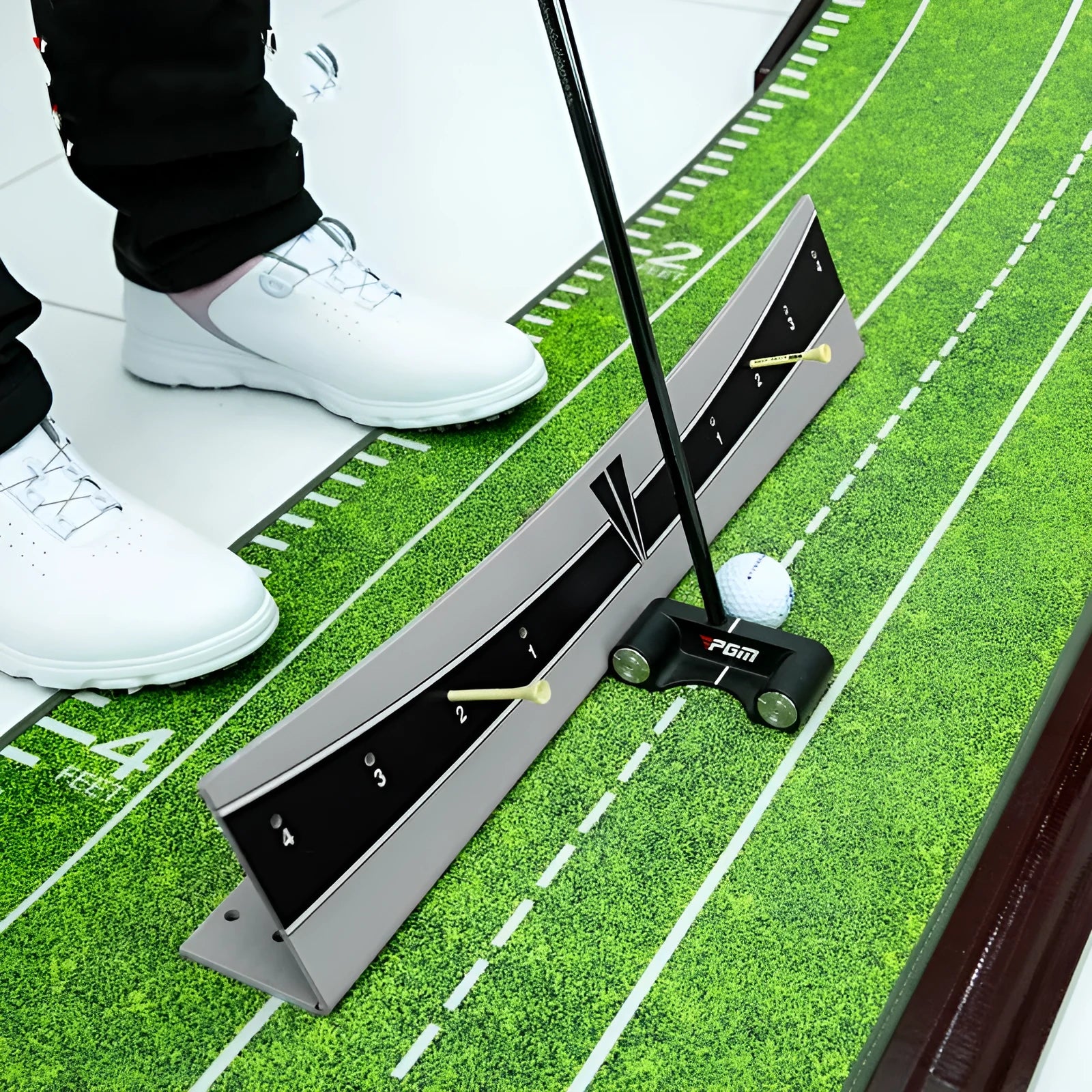 Adjustable golf putter trajectory balance simulator made from white PVC plastic