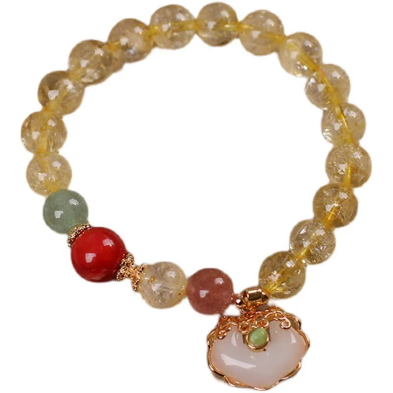 Women's natural citrine jade Ruyi pendant bracelet with yellow hair crystal jade accent on alloy chain