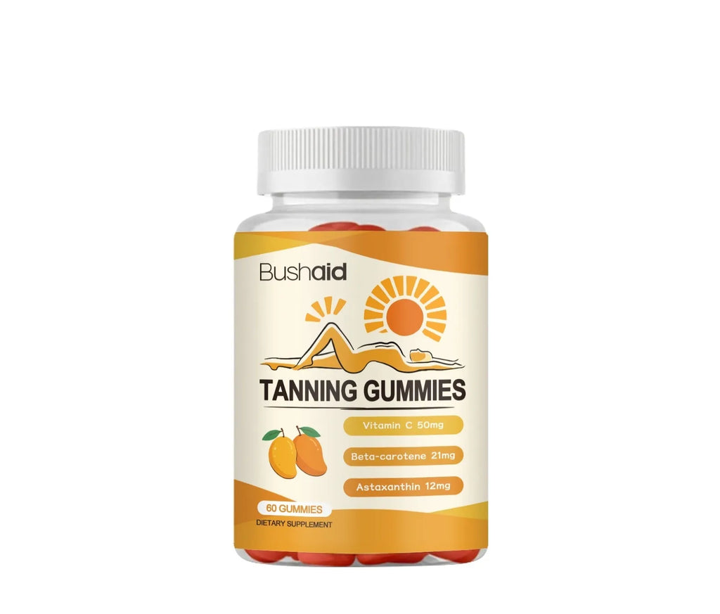 Container of 60 Meihei supplement gummies with white caps on a white background