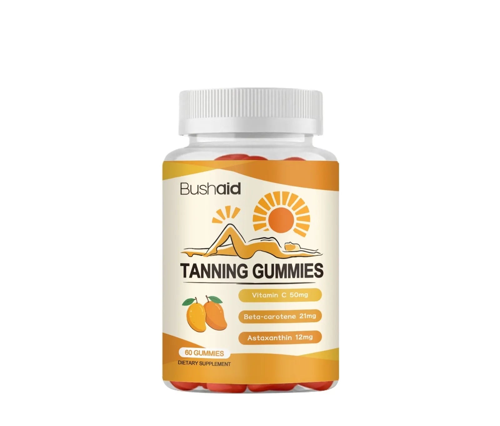 Container of 60 Meihei supplement gummies with white caps on a white background
