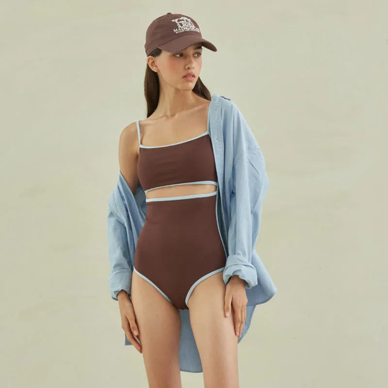 Brown women's one-piece swimsuit with sexy pattern style made from nylon fabric