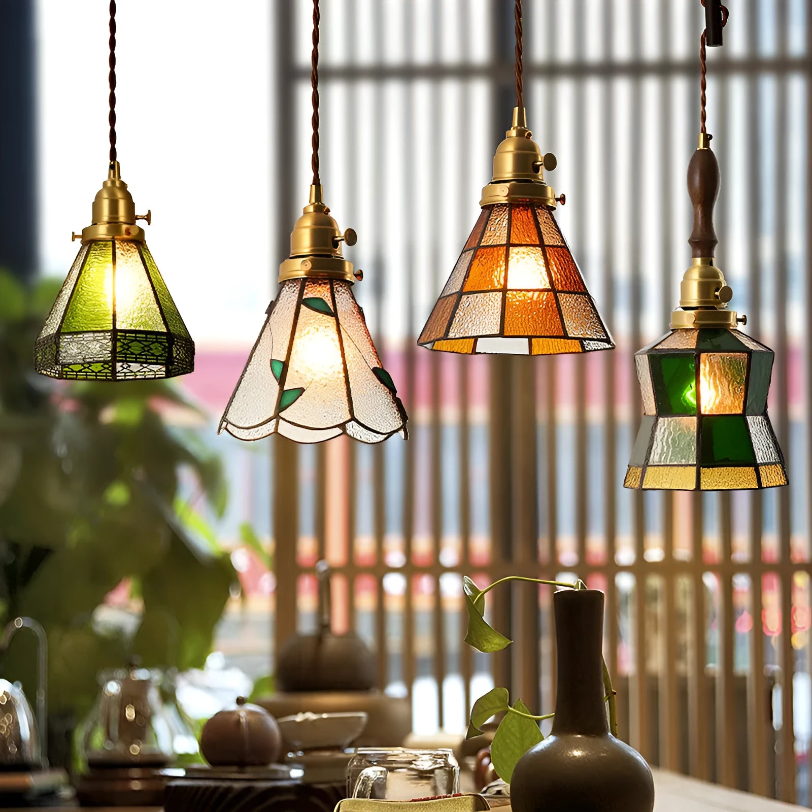 Japanese retro brass and glass chandelier with hand-blown shades, walnut wood accents, and hemp rope light line