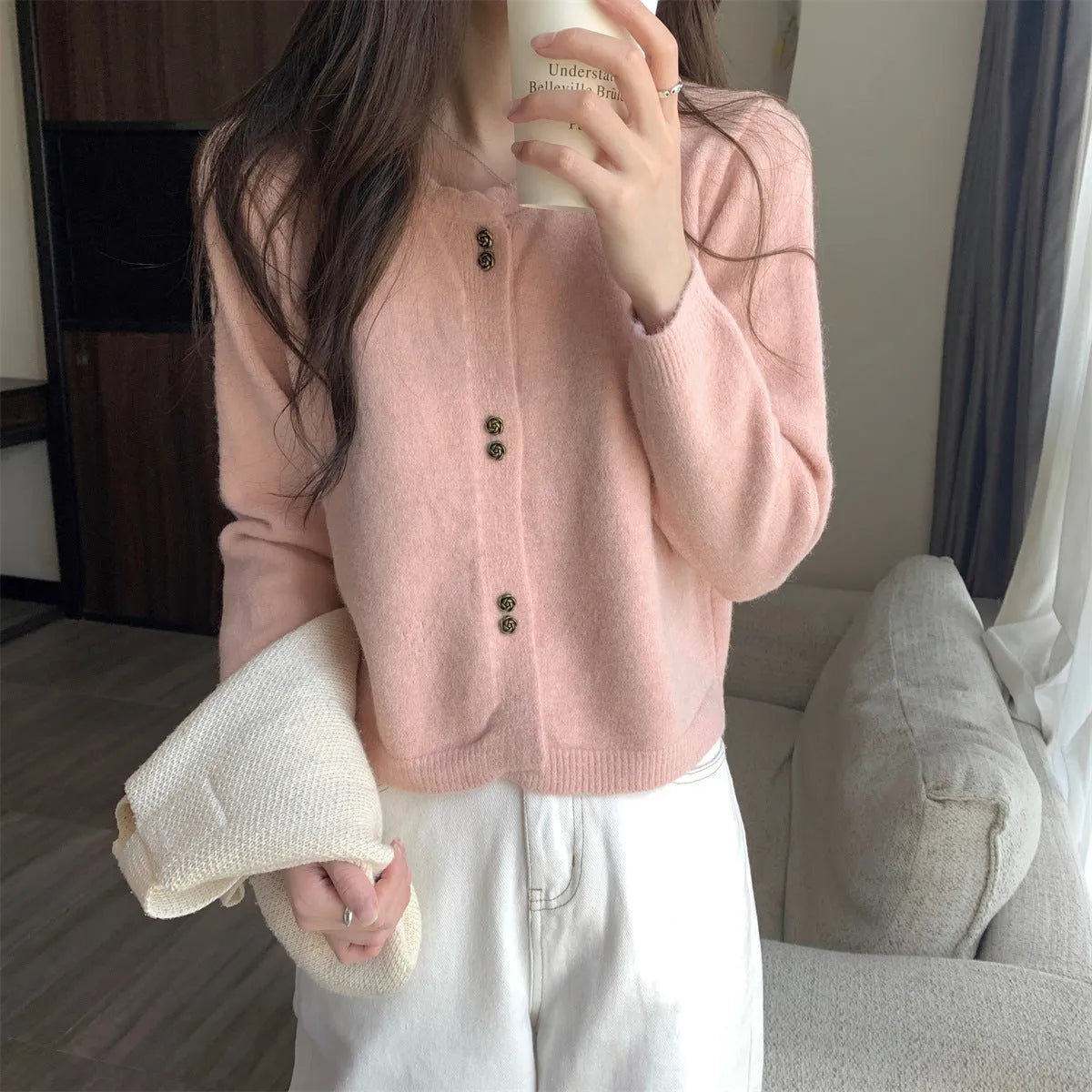 Women's long-sleeved acrylic cardigan coat in milky white, red, pink, light purple, or black colours