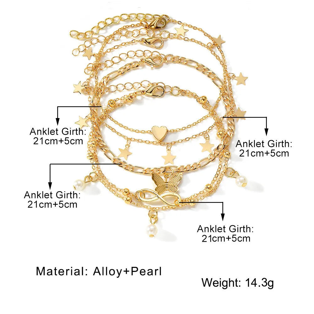 Butterfly pearl heart anklet jewellery set with four coordinated alloy foot chains