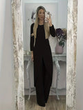 Casual black long sleeve round neck top and loose trousers two-piece lounge wear set.