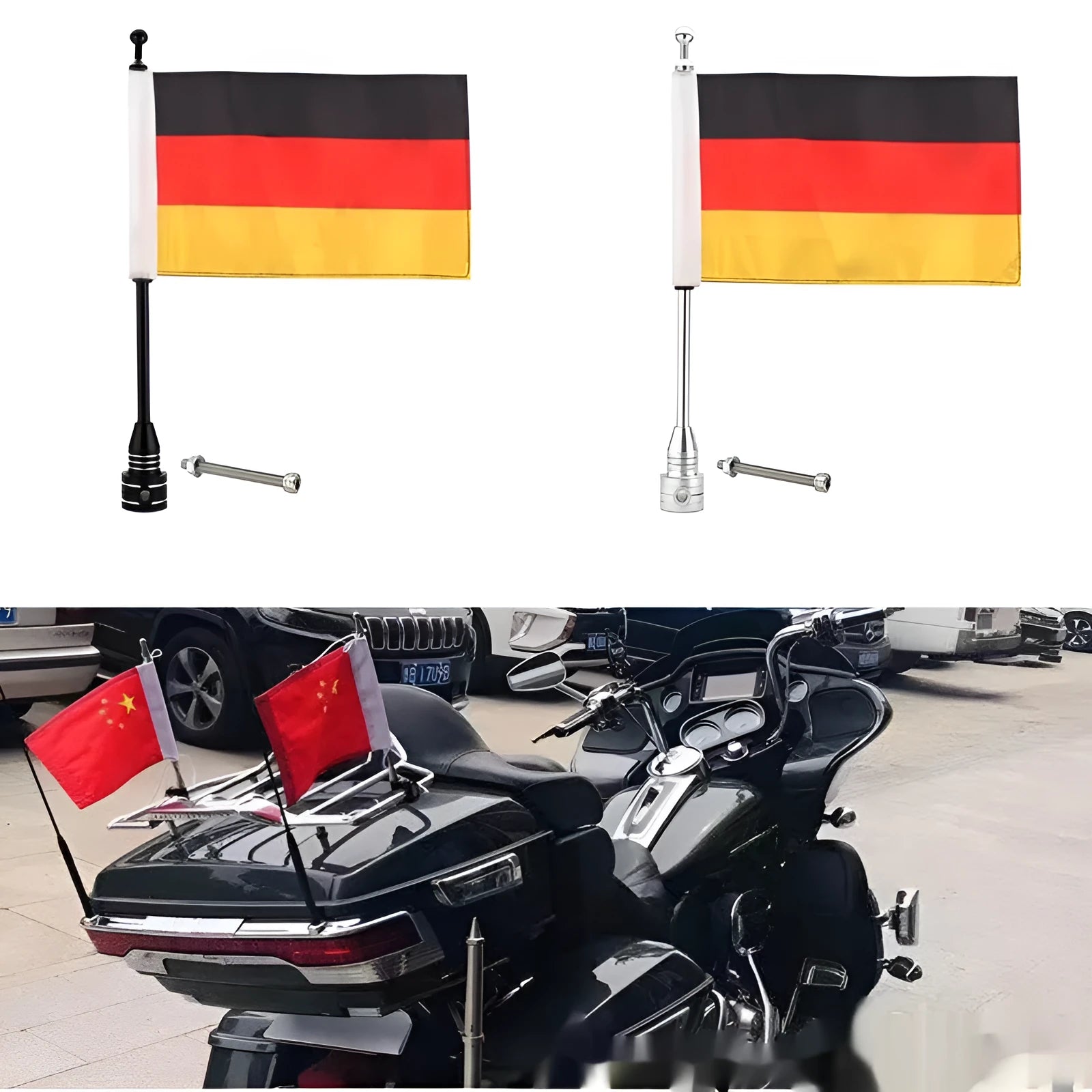 Motorcycle rack-mounted flagpole with German flag design in black or silver finish for side box or luggage rack attachment