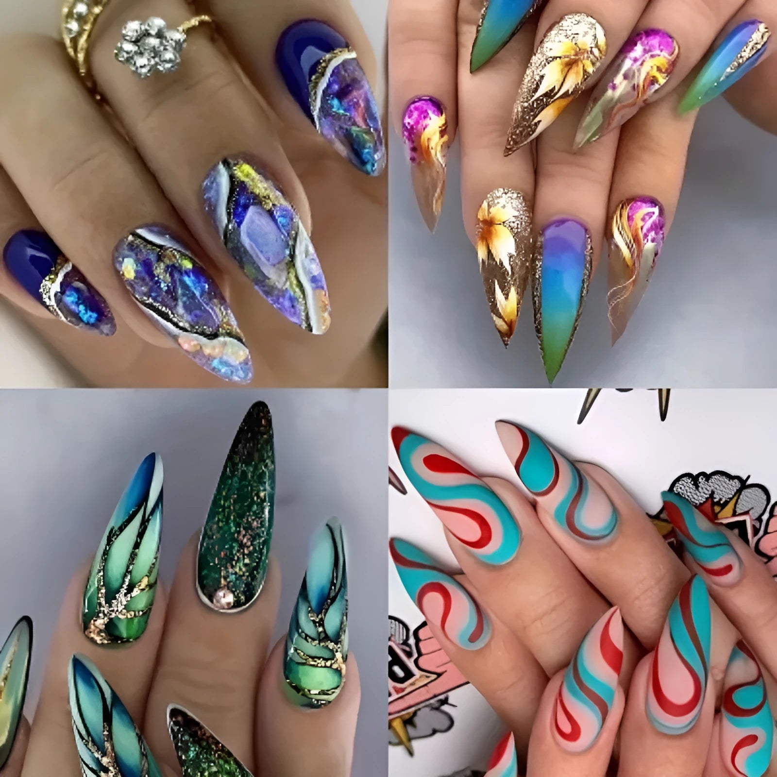 Almond-shaped European Square style nail stickers with colourful lines and rainbow patterns in four colour designs