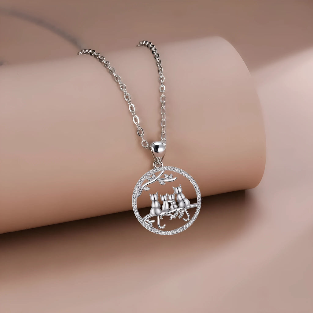 Copper necklace with four kitten pendant on cross chain for women