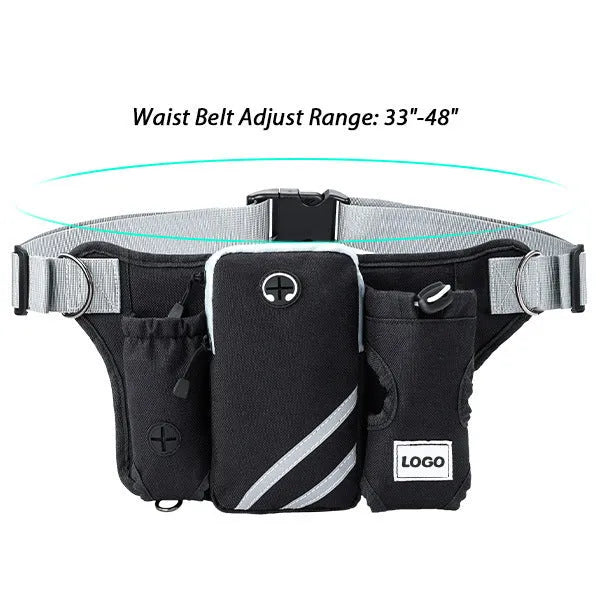 Black outdoor dog walking set with waist bag and leash combination for hands-free pet control