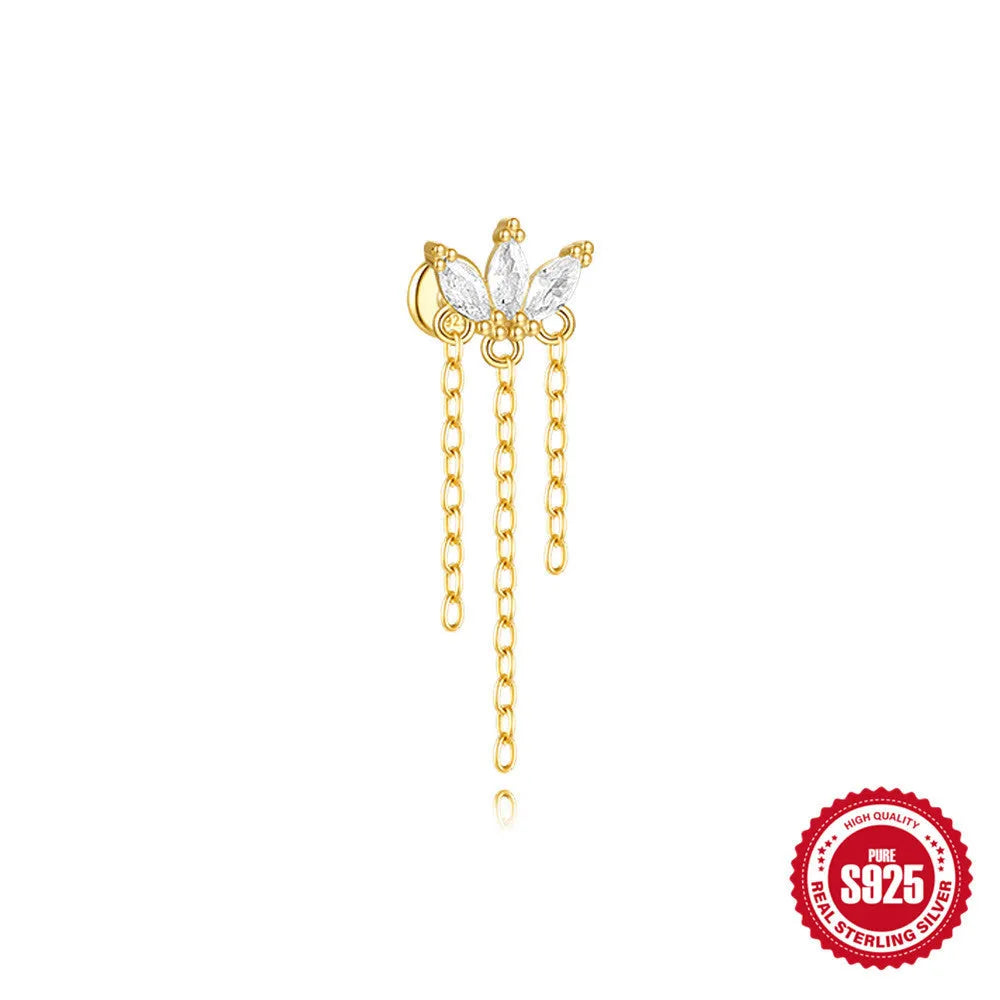 S925 sterling silver geometric kite-shaped earring with rhinestone chain tassel in a gold colour finish.