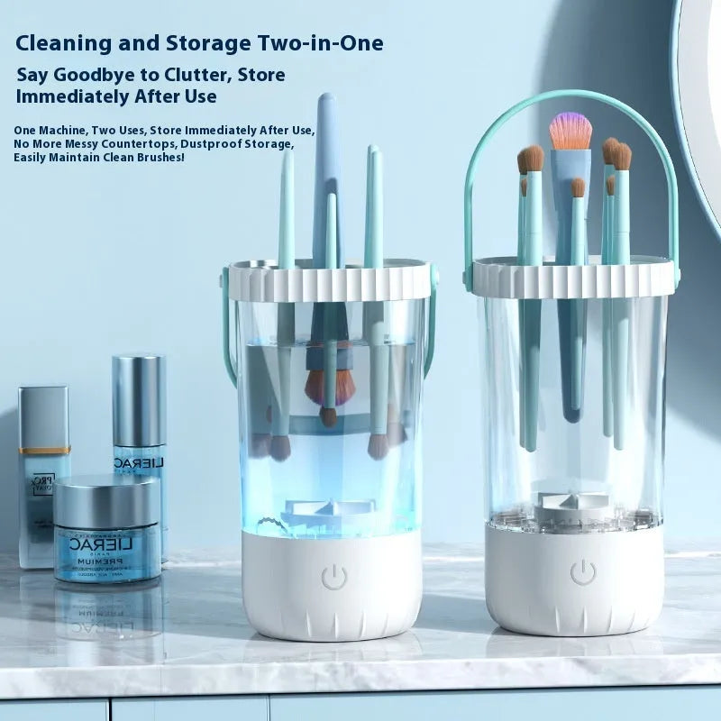 White rechargeable electric makeup brush cleaner with rotating brush head and USB cable