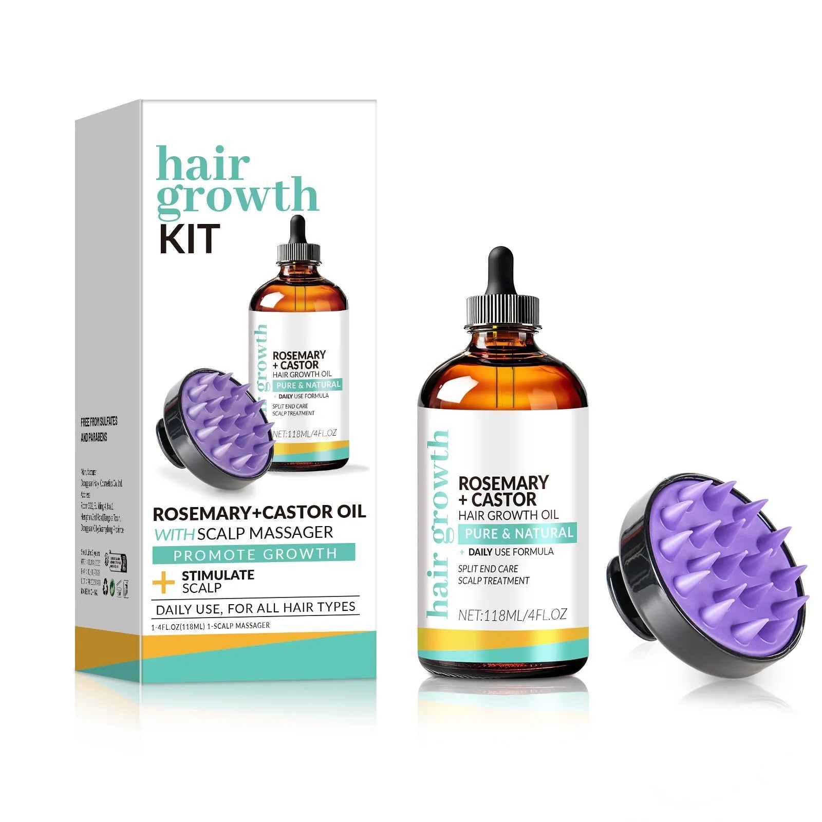 118ml bottle of bright yellow hair treatment oil with a separate massage brush on a white background.
