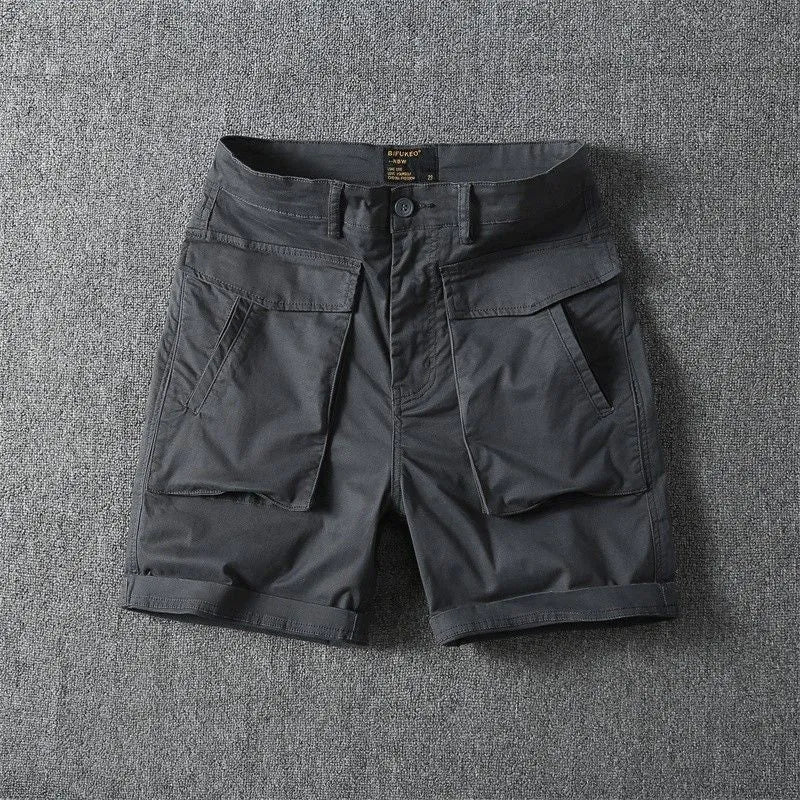 Men's stretch cotton cargo shorts in Army Green showing multiple pockets and straight-leg cut