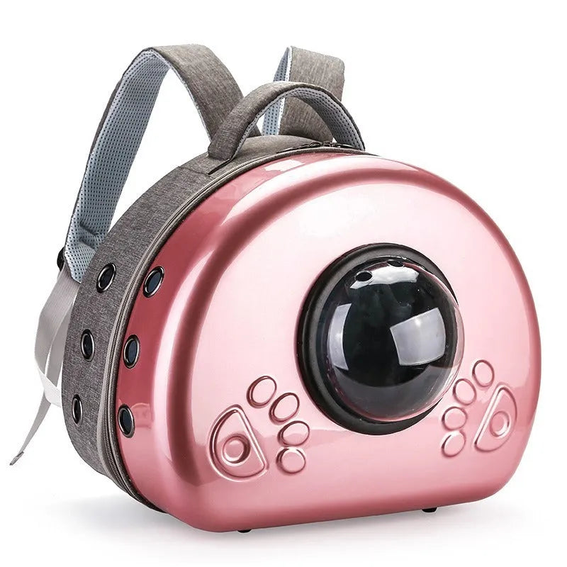 Transparent space capsule pet carrier bag for cats in rose gold, luxury silver, or champagne gold.