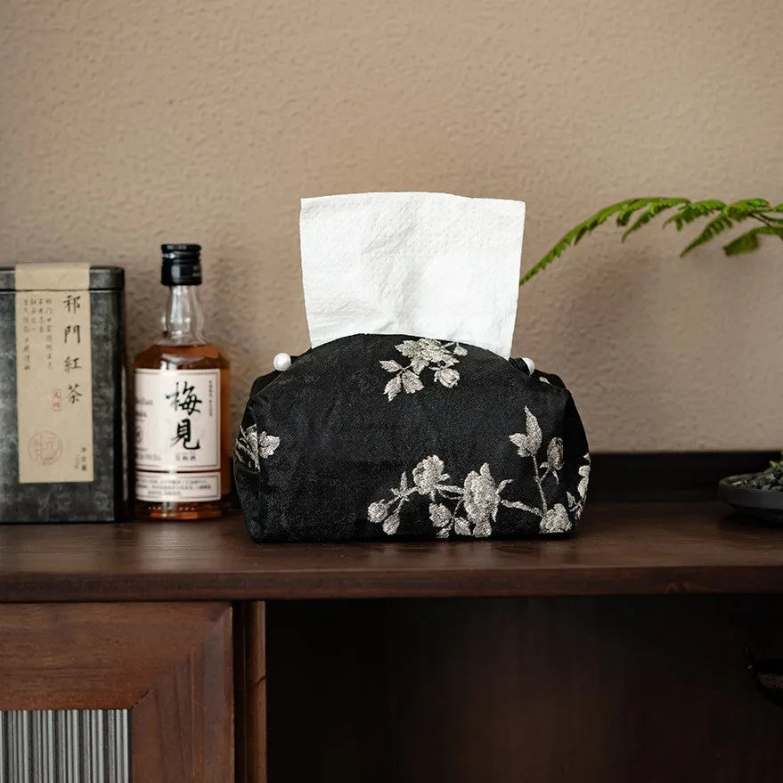 Chinese brocade fabric tissue box cover with embroidered white plum design, with and without pearl buckle options