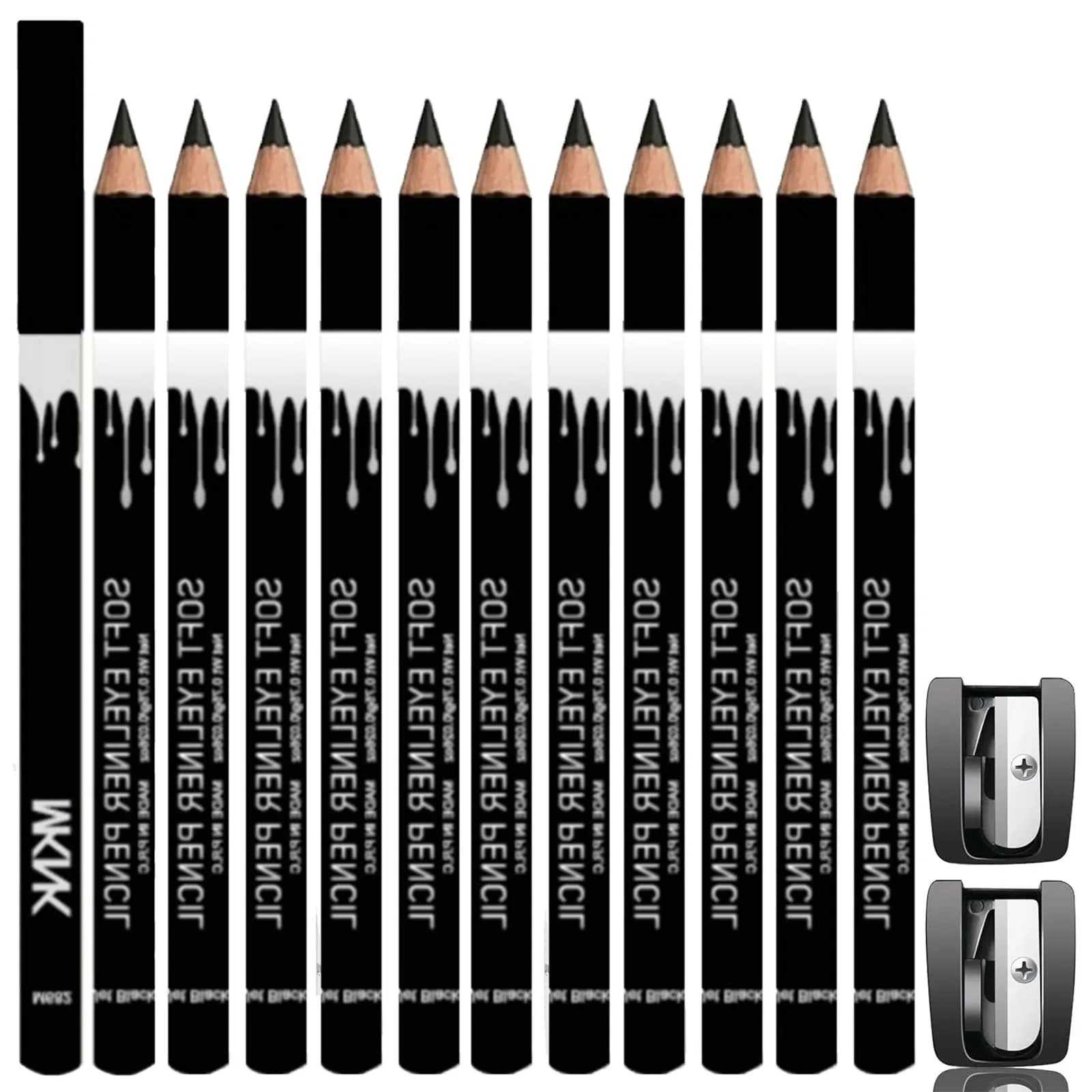 12 black and white retractable eyeliner pencils with sharpener in compact makeup set