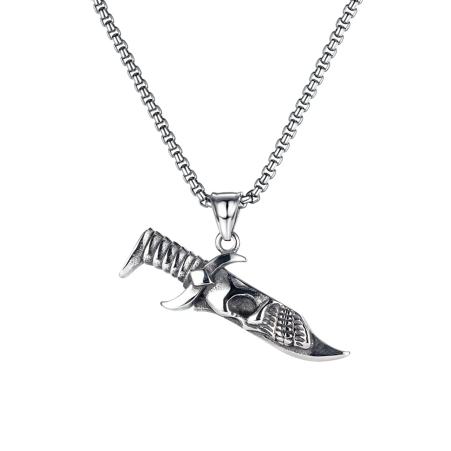 Men's silver skull necklace with alloy pendant and stainless steel chain in sports style