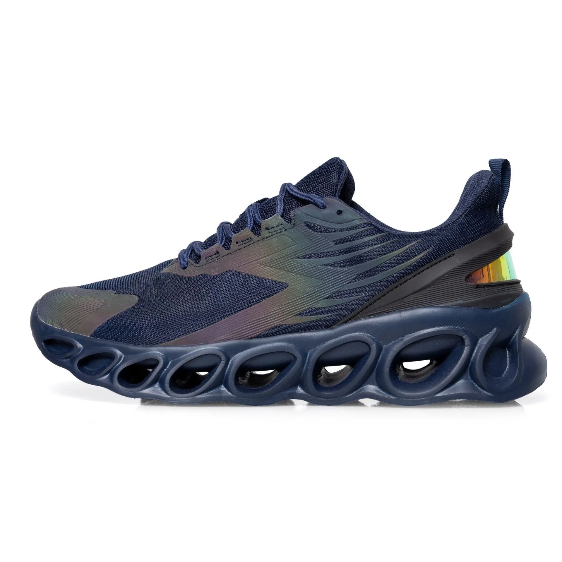 A pair of black low-top casual sports shoes with mesh upper and lace-up front.