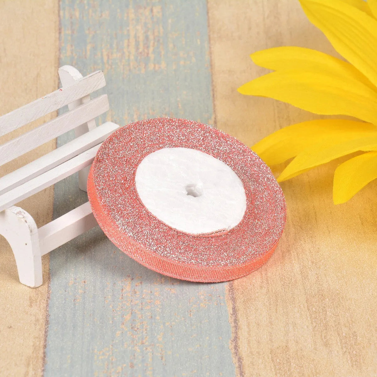 Colourful green onion pattern polyester ribbon with gold wire detailing, 1cm wide.