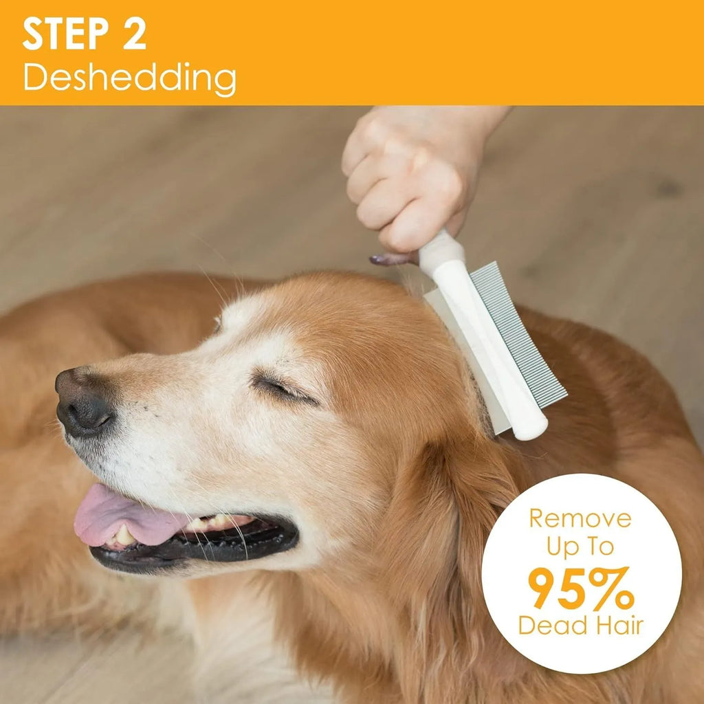 White double-sided dog and cat brush with curved comb and deshedding bristles on an ergonomic handle.