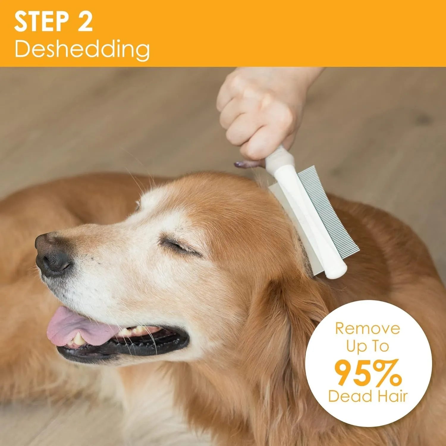 White double-sided dog and cat brush with curved comb and deshedding bristles on an ergonomic handle.