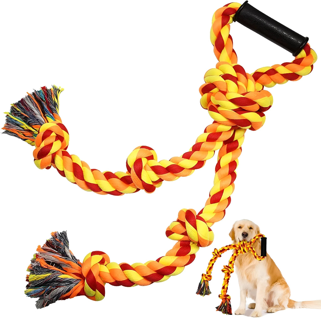 Blue and yellow cotton dog rope toy with non-slip handles for large breed aggressive chewers