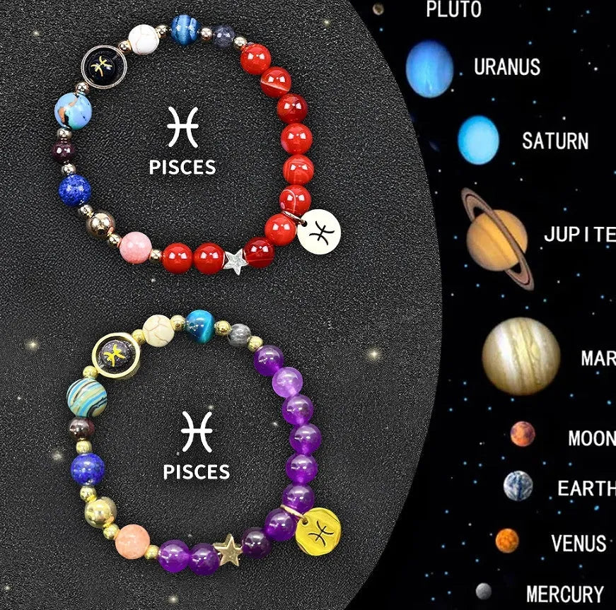 Natural stone beaded zodiac bracelet set showing twelve astrology constellation designs with adjustable cord
