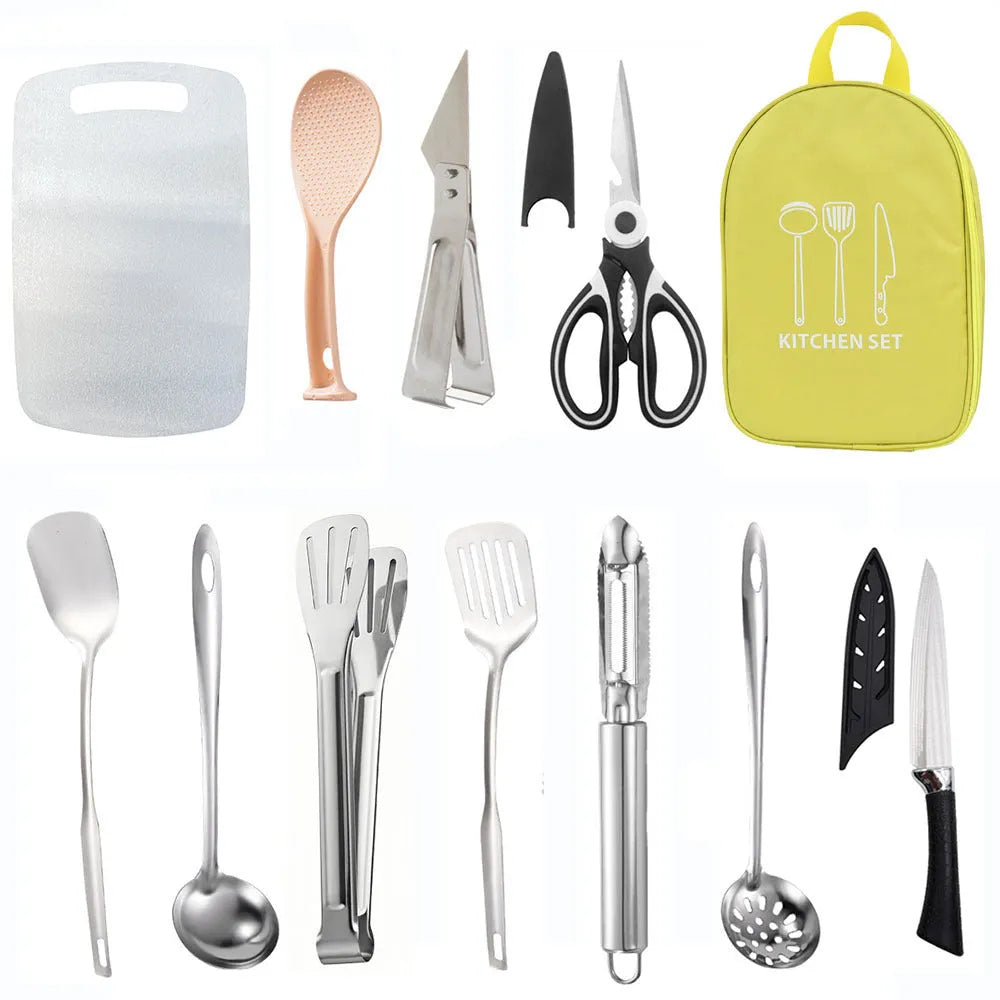 12-piece stainless steel picnic kitchenware set inside a khaki portable storage bag.