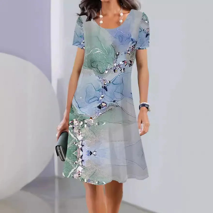 Women's floral print mid-length dress with short sleeves and round neckline in ice silk fabric