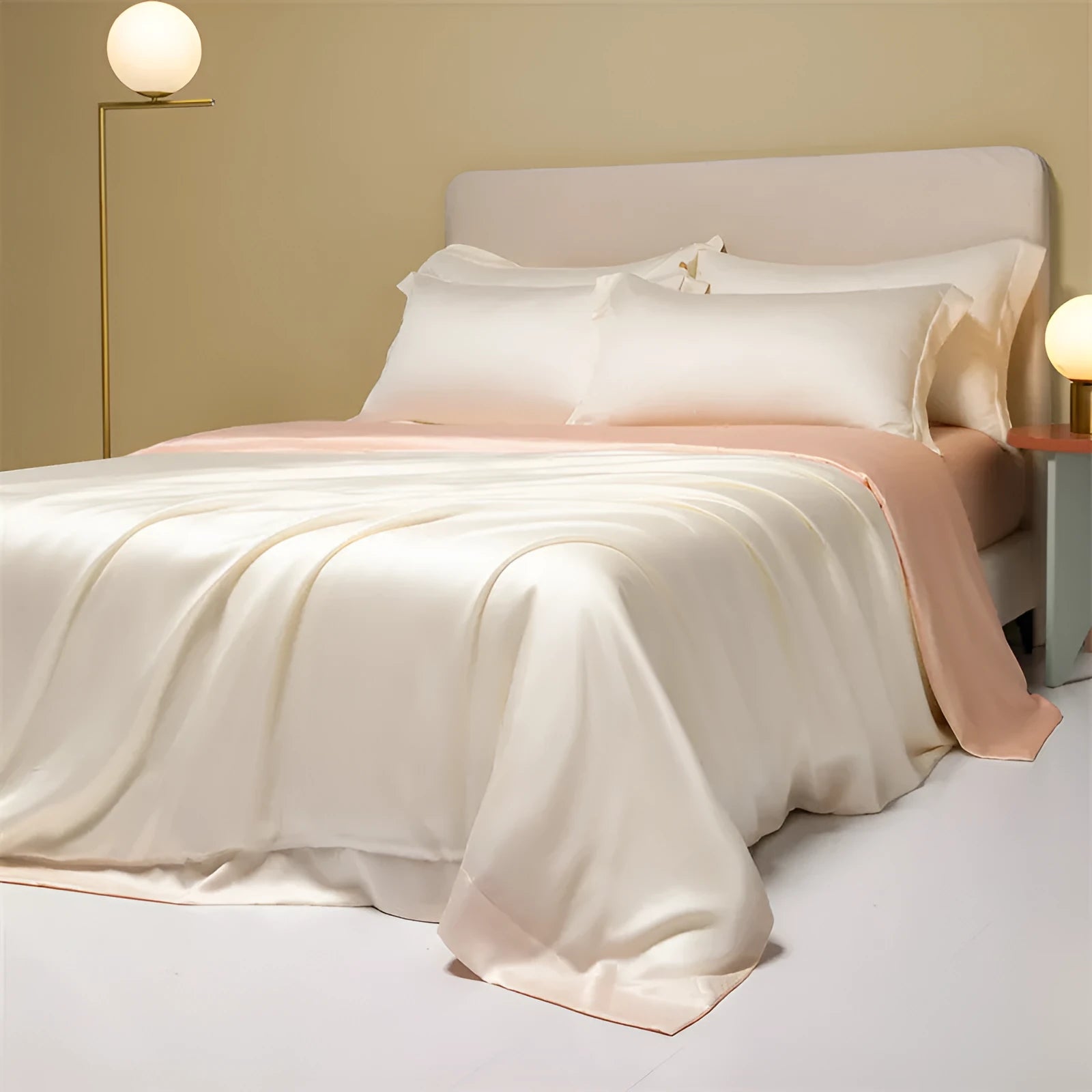 Lenzing Tencel 200 thread count bedding set in satin weave showing Aurora Blue quilt cover and pillowcases