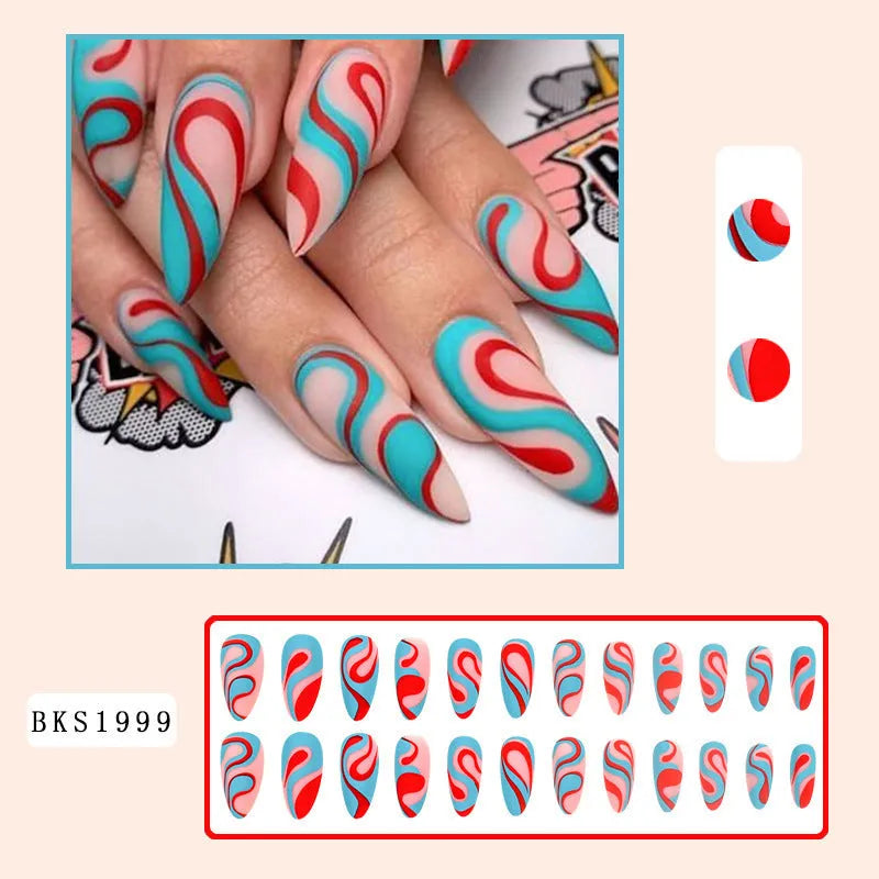 Almond-shaped European Square style nail stickers with colourful lines and rainbow patterns in four colour designs