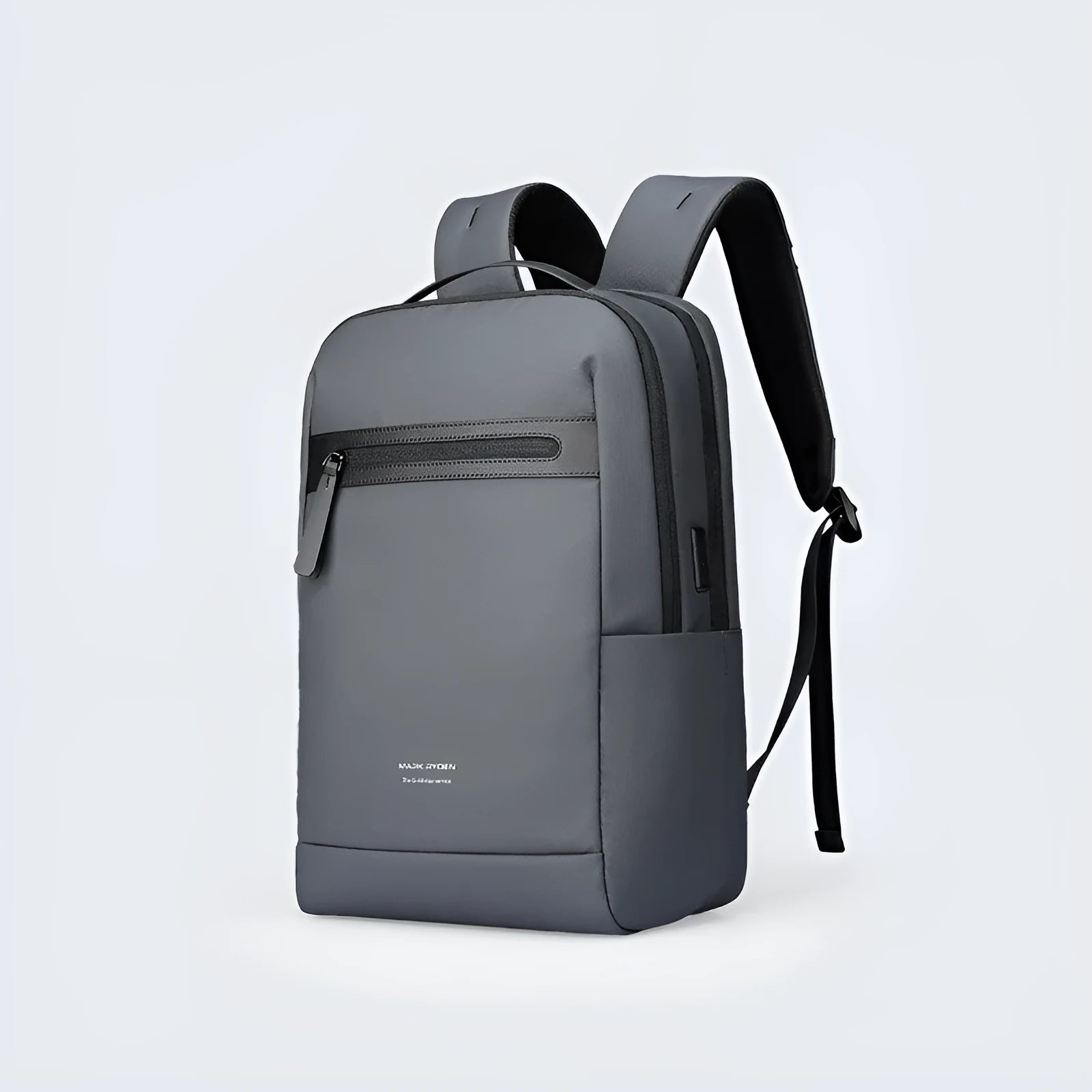 Graphite grey USB charging business backpack with Oxford cloth construction showing external USB port