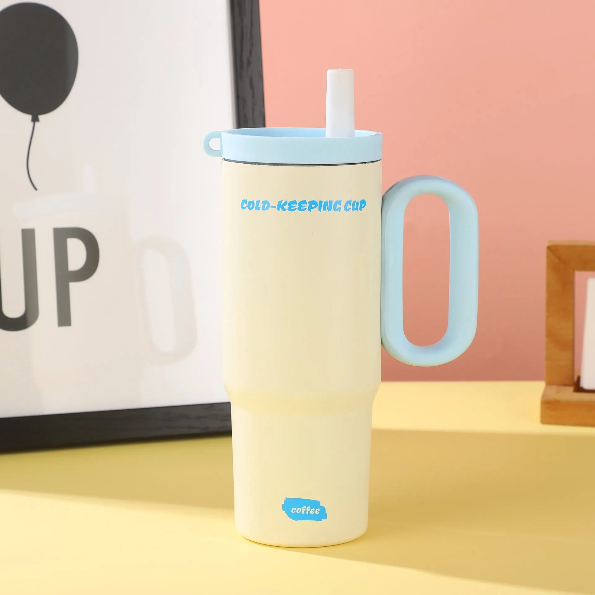 Large stainless steel insulated straw cup with handle in multiple colour options.