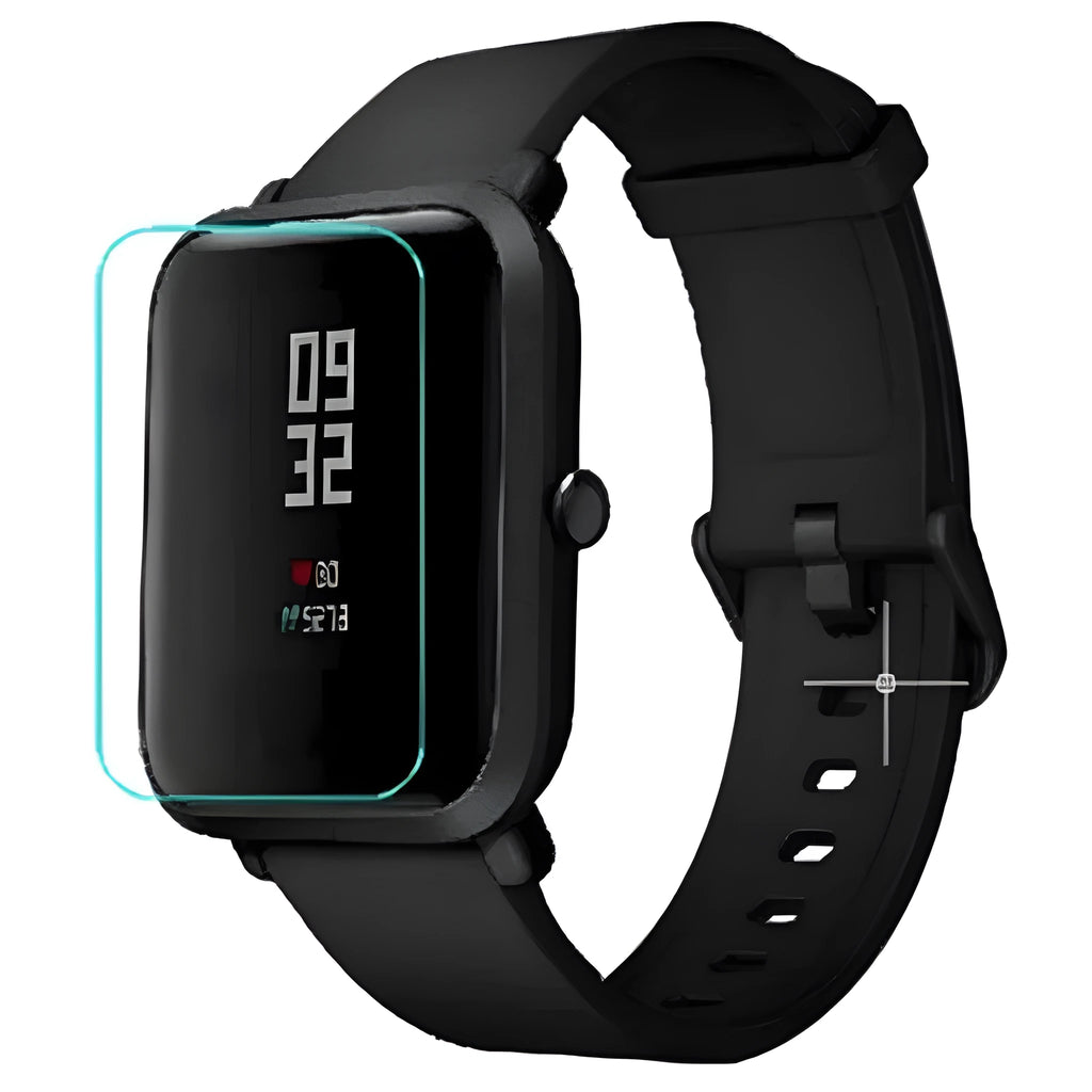 Clear hydrogel screen protection film for Amazfit Bip smartwatch showing anti-scratch properties.