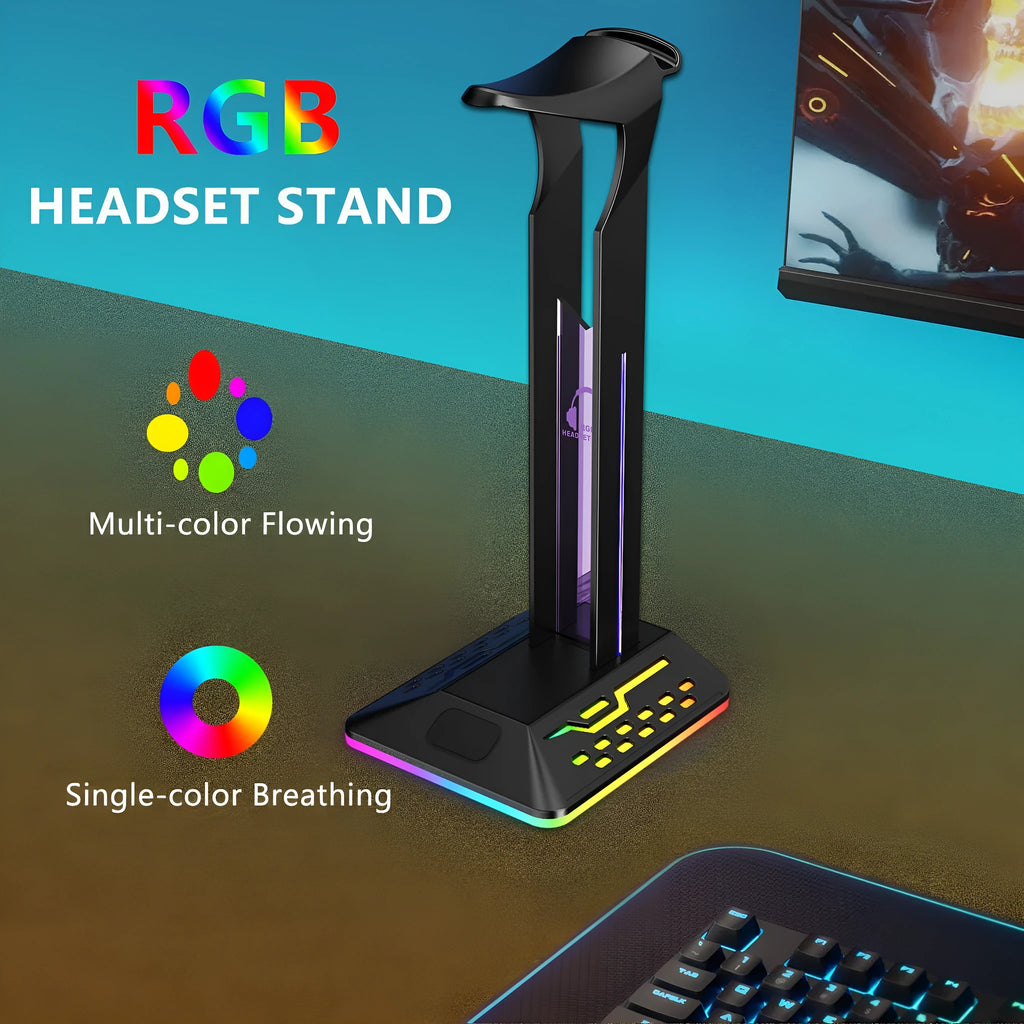 Acrylic RGB headset display stand with dual USB ports and colour-changing lights, holding a pair of headphones.