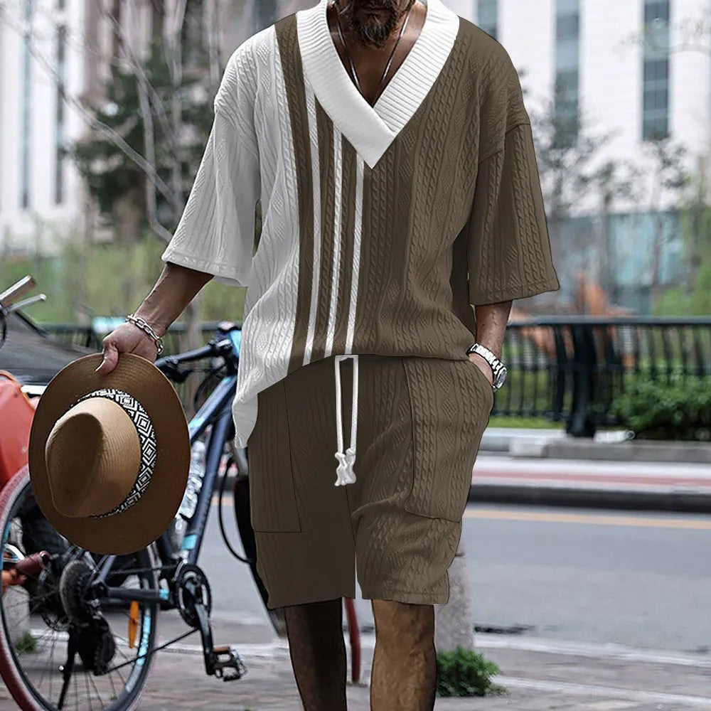 Men's knitted drop-shoulder short-sleeved top and matching shorts set in a printed design