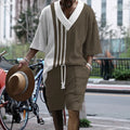 Men's knitted drop-shoulder short-sleeved top and matching shorts set in a printed design