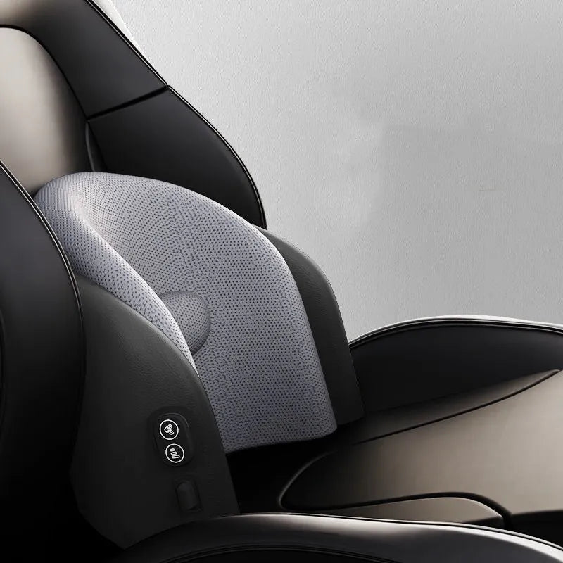 Car seat electric massage cushion and headrest in memory foam, shown in grey colour.