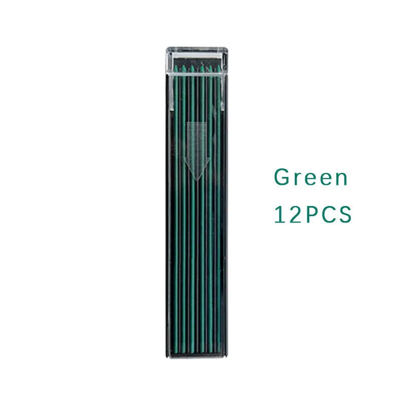 Boxed set of 12 coloured mechanical pencil refill leads in plastic tube with rainbow colour selection