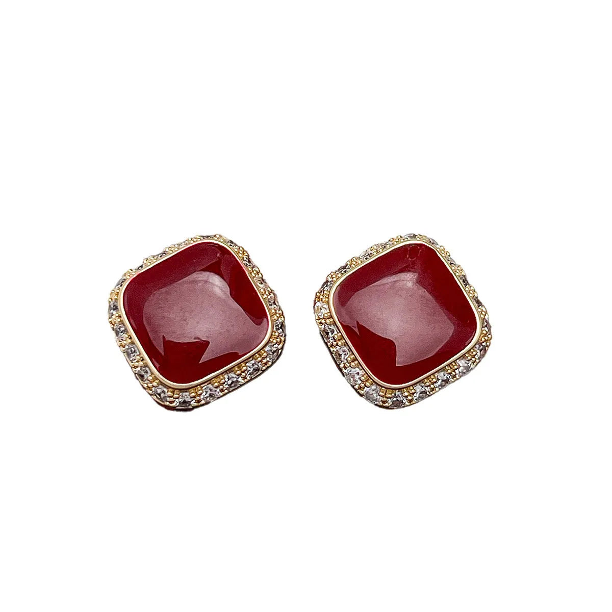 Retro red square geometric alloy earrings with inlaid design and sweet-cool style
