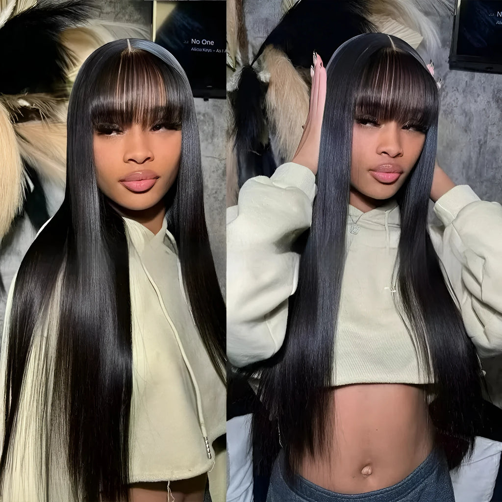 Natural colour women's human hair wig with full-mechanism headgear on display, showing length options.