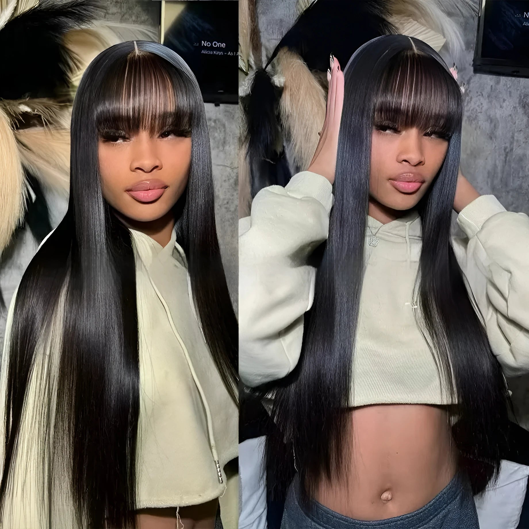 Natural colour women's human hair wig with full-mechanism headgear on display, showing length options.