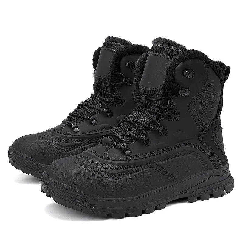 Men's black fleece-lined high-top lace-up boots with a flat heel on a ribbed sole